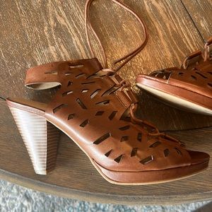 Brown tie up sandals with heel